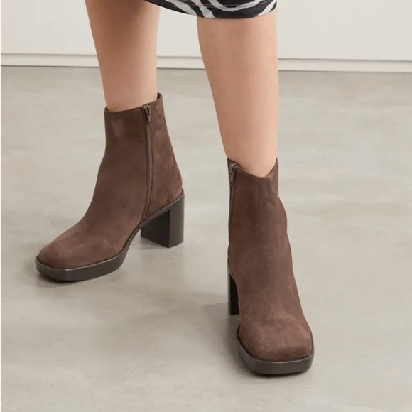 NIB By Far Women Ellen Suede Leather Ankle Boots Brown 39 Stacked Chunky Heel - Picture 1 of 15